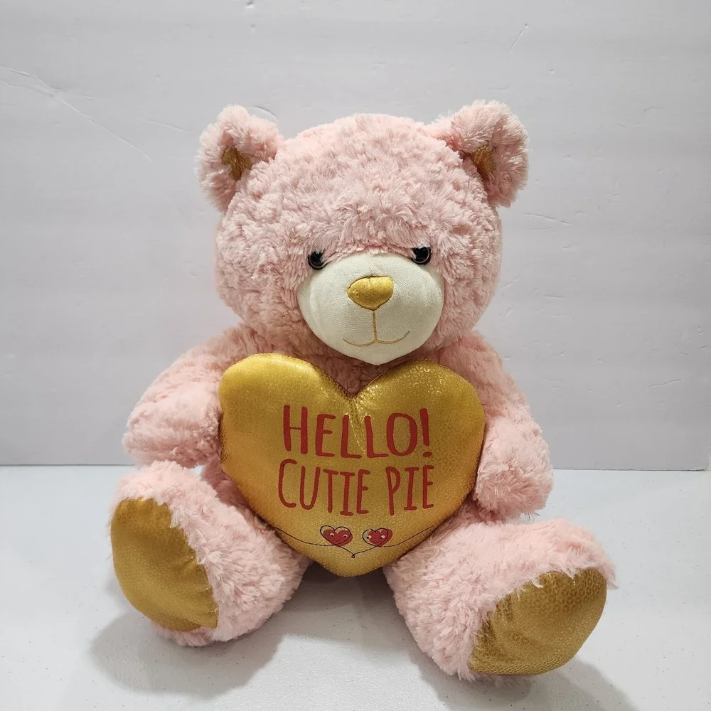 Animal Adventures Valentine Plush Hello Cutie Pie Pink Bear Gold Heart 12'